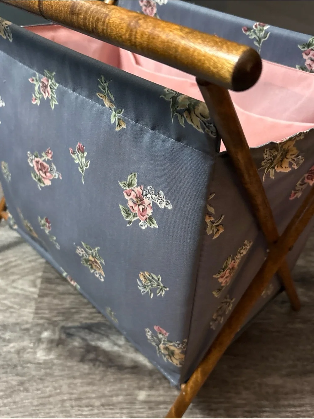 Vintage Floral Fabric Book Magazine Rack SewingYarn Caddy - Blue Pink Cottage